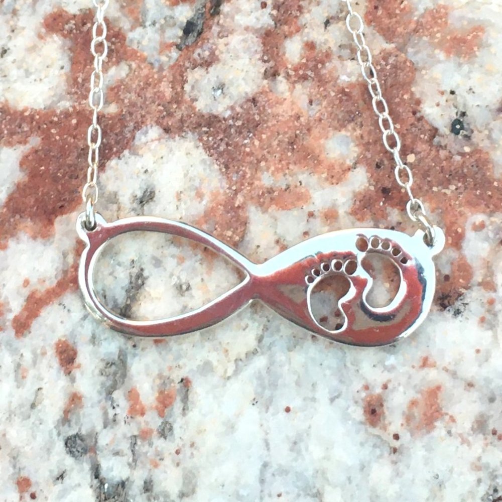 Sterling Silver Infinity Footsteps Necklace Baby Footprints .925